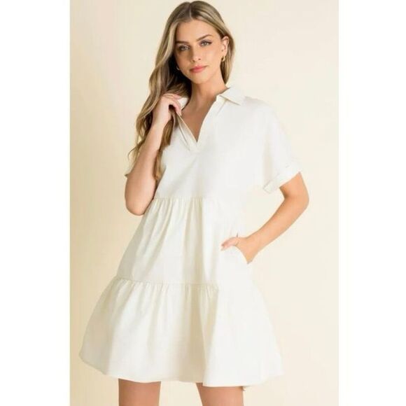 THML Womens Collared Short Sleeve Cream Dress Medium - Picture 1 of 10